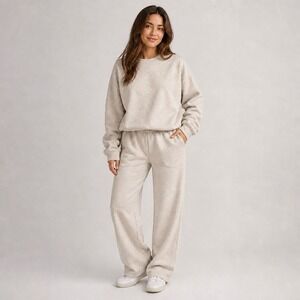 Women's Heather Grey Sweatshirt And Sweatpants Set Wide Leg Crew Neck Size XL